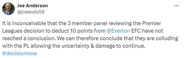 Андерсон заявил, что они «позволяют неопределенности и ущербу продолжаться», ожидая вердикта по вычету «Эвертона» 10 очков.
