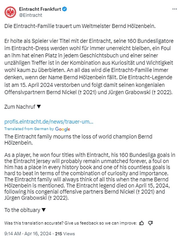 Франкфурт отдал дань уважения Хольценбайну, который провел за клуб 524 матча, в социальных сетях.