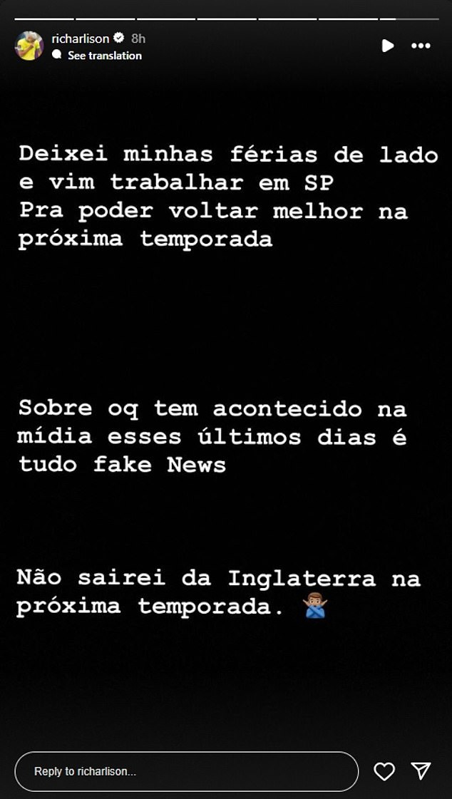 Бразильский вингер написал в Instagram, что планирует остаться в клубе на севере Лондона.