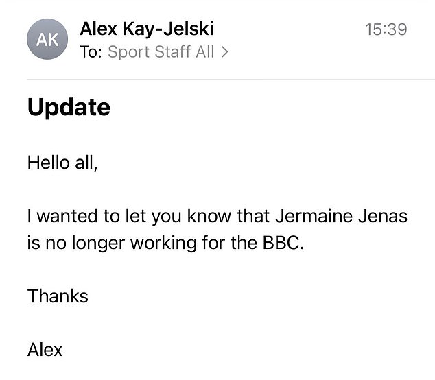 Раскрыто: электронное письмо, отправленное директором сотрудникам BBC, в котором сообщалось об увольнении Джермейна Дженаса за «неподобающее поведение»