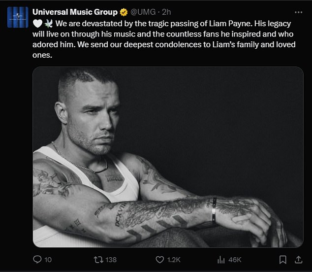 Universal Music Group опубликовала изображение Пэйна в четверг вечером с данью уважения звезде