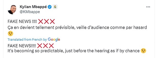 Мбаппе обратился в социальные сети, чтобы заклеймить репортаж как «фейковую новость», и продолжает отрицать это утверждение.