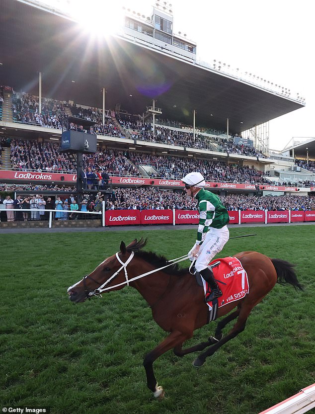 Чемпион-жокей приветствует толпу на бампере в Муни-Вэлли на Cox Plate 2024 года.